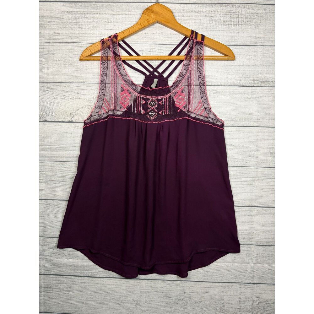 Vanity Women's Large Purple Embroidered Lace Mesh Strappy Back Boho Tank 4742